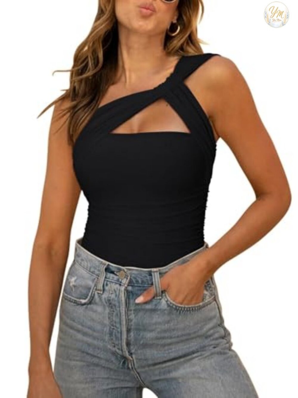Sexy One Shoulder Asymmetrical Leopard Print Mesh Ruched Backless Bodysuit Top